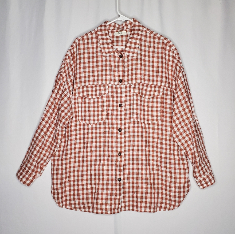 Magic Linen Oversize‎ Button Shirt 1XL Rust Gingham Pocket Collar Long Sleeve